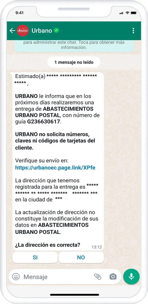 Chat de WhatsApp con Urbano