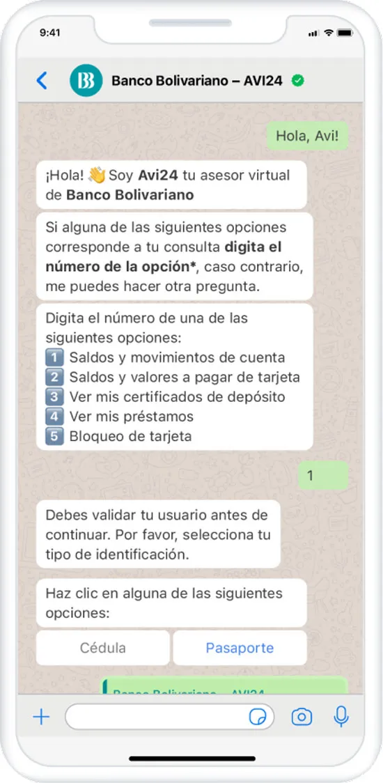 rewrite alt text: A WhatsApp chat with Banco Bolivariano