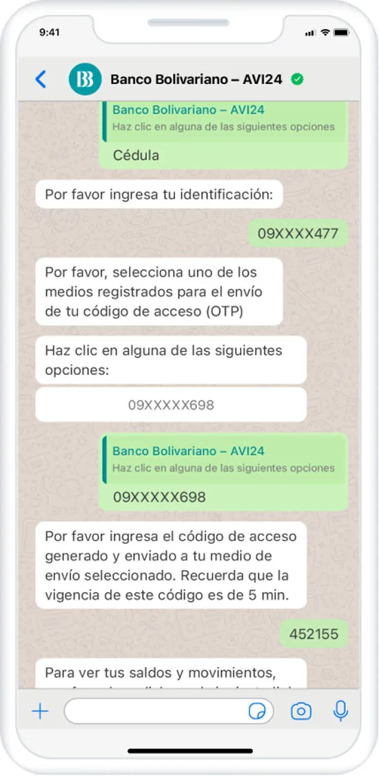 A WhatsApp chat with Banco Bolivariano