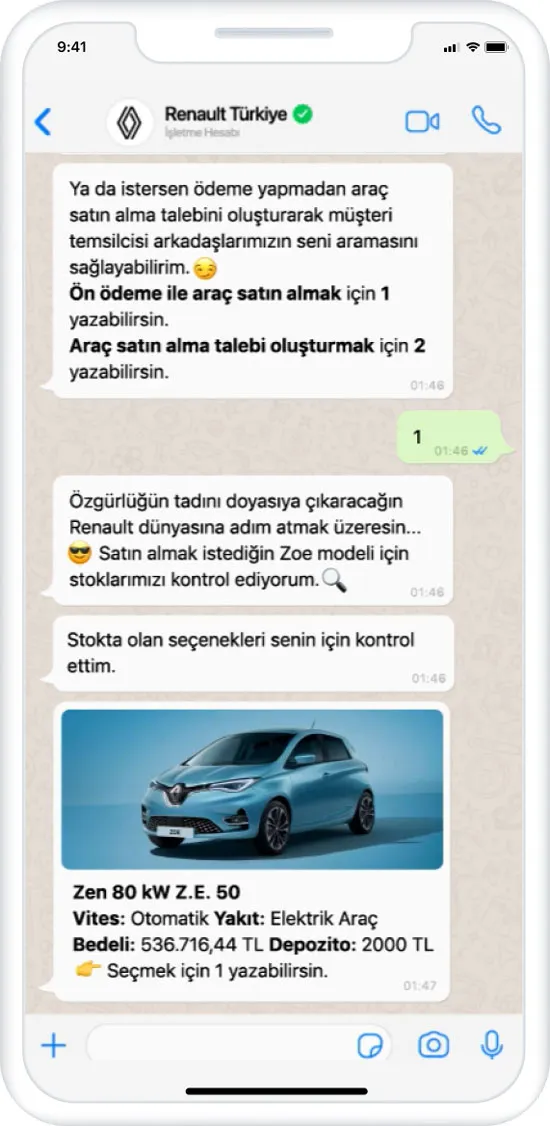Uma conversa no WhatsApp com a Renault Turquia