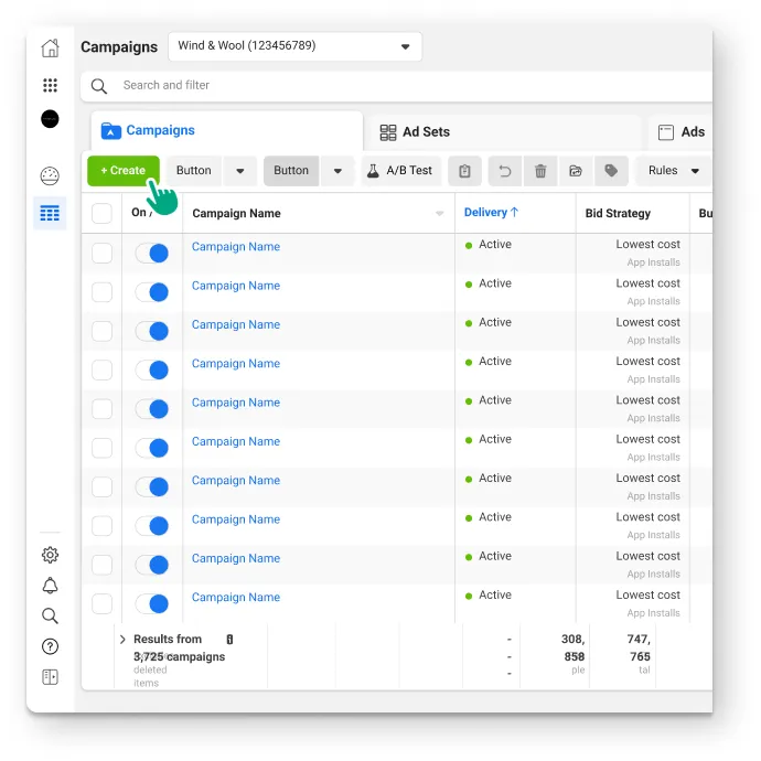A user on the Ads Manager page. They click on the Create button