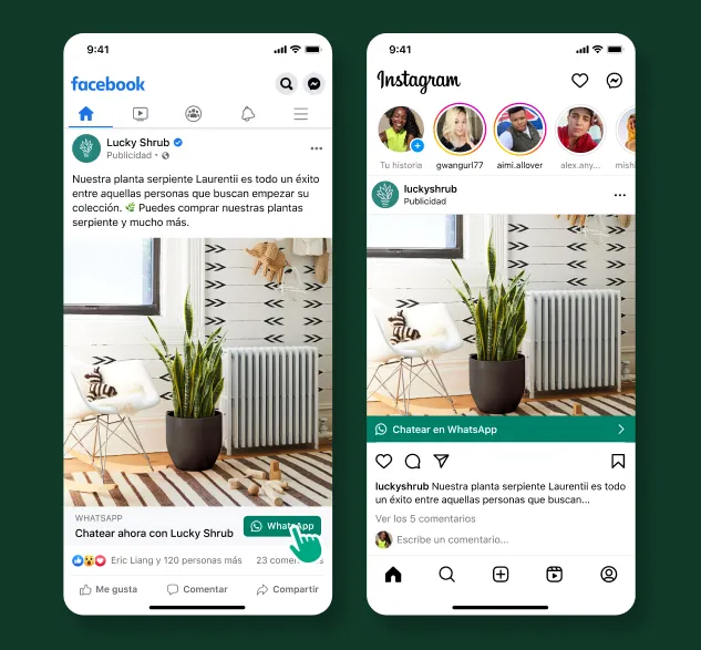 Un usuario hace clic en una publicación patrocinada de Facebook, que lo invita a chatear en WhatsApp