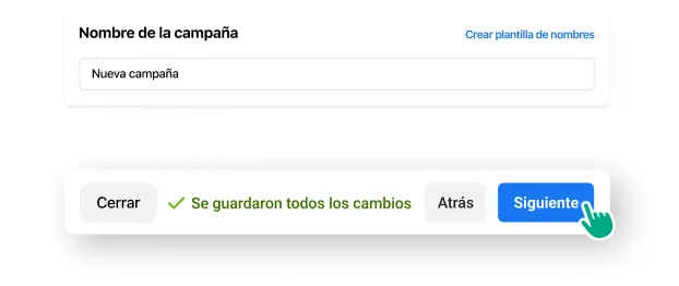 Un usuario escribe el nombre de una campaña y hace clic en “Siguiente”