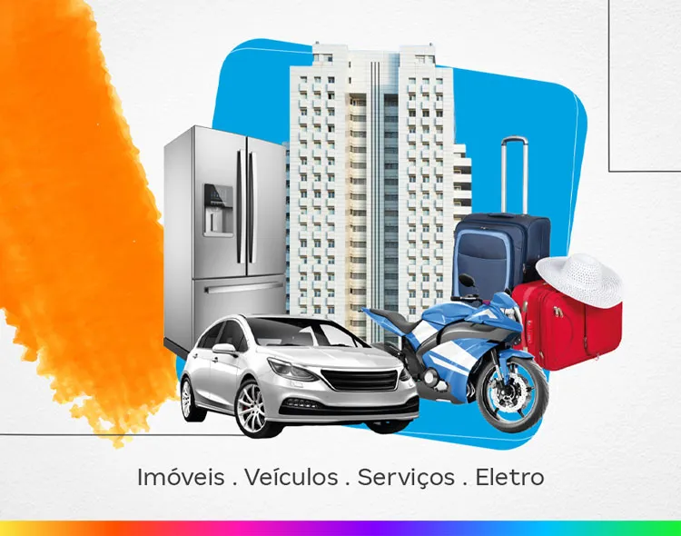 Une série d’objets, notamment une voiture, une moto, une valise, un appareil électroménager et un immeuble.