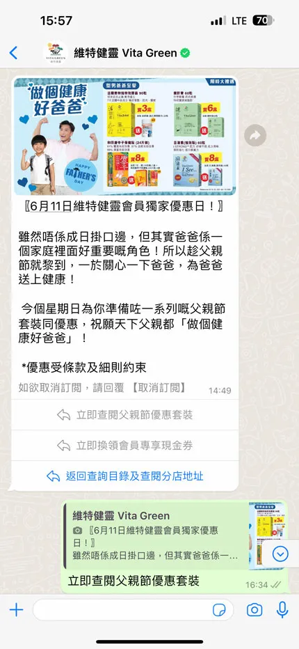 Percakapan chat WhatsApp Business bersama Vita Green