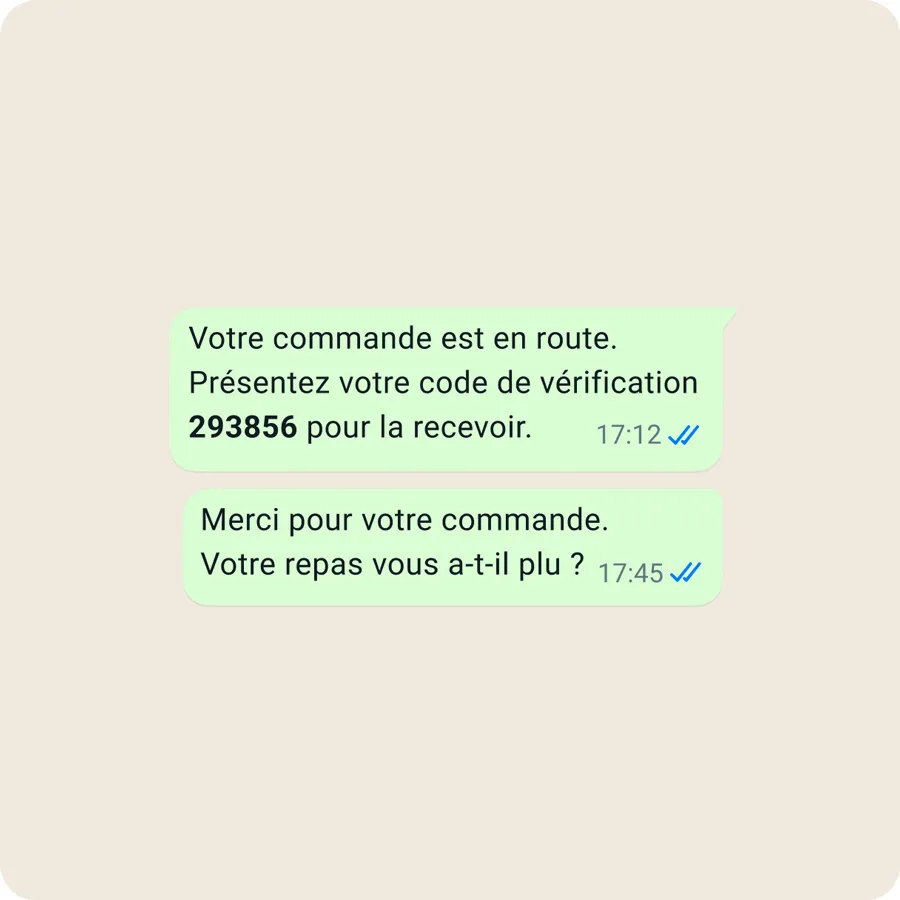 Un exemple de commandes et de transactions existantes dans WhatsApp Business