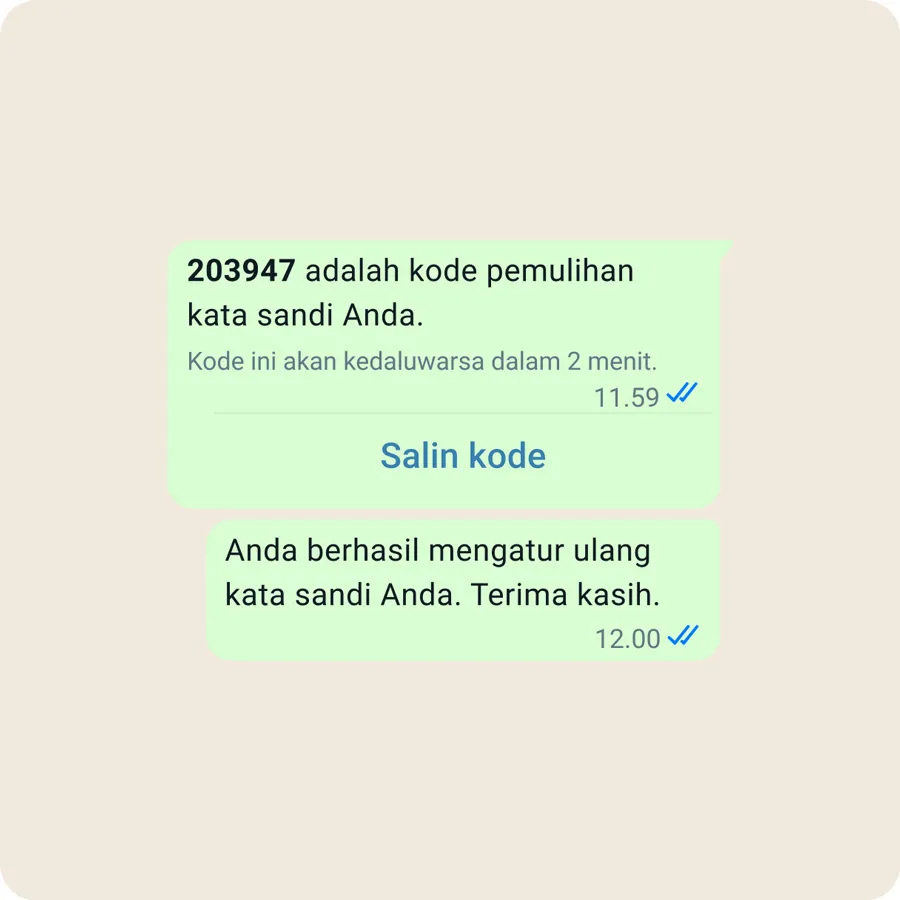Contoh pemulihan akun di WhatsApp Business