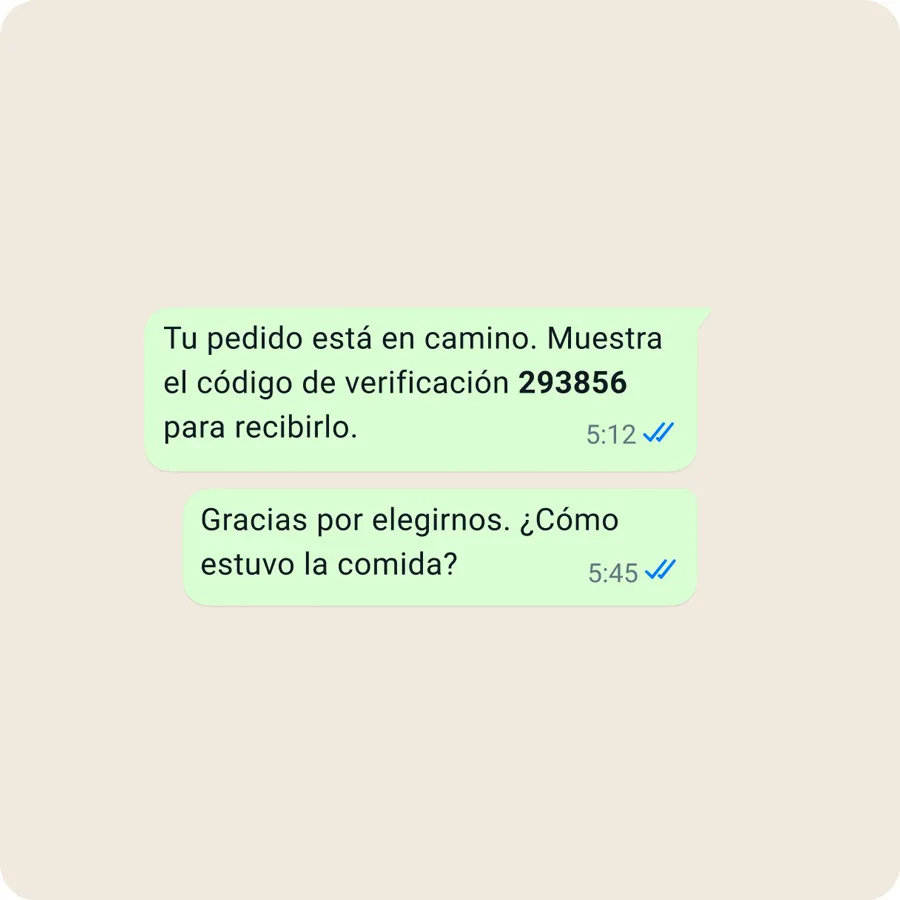 Ejemplo de pedidos y transacciones existentes en WhatsApp Business