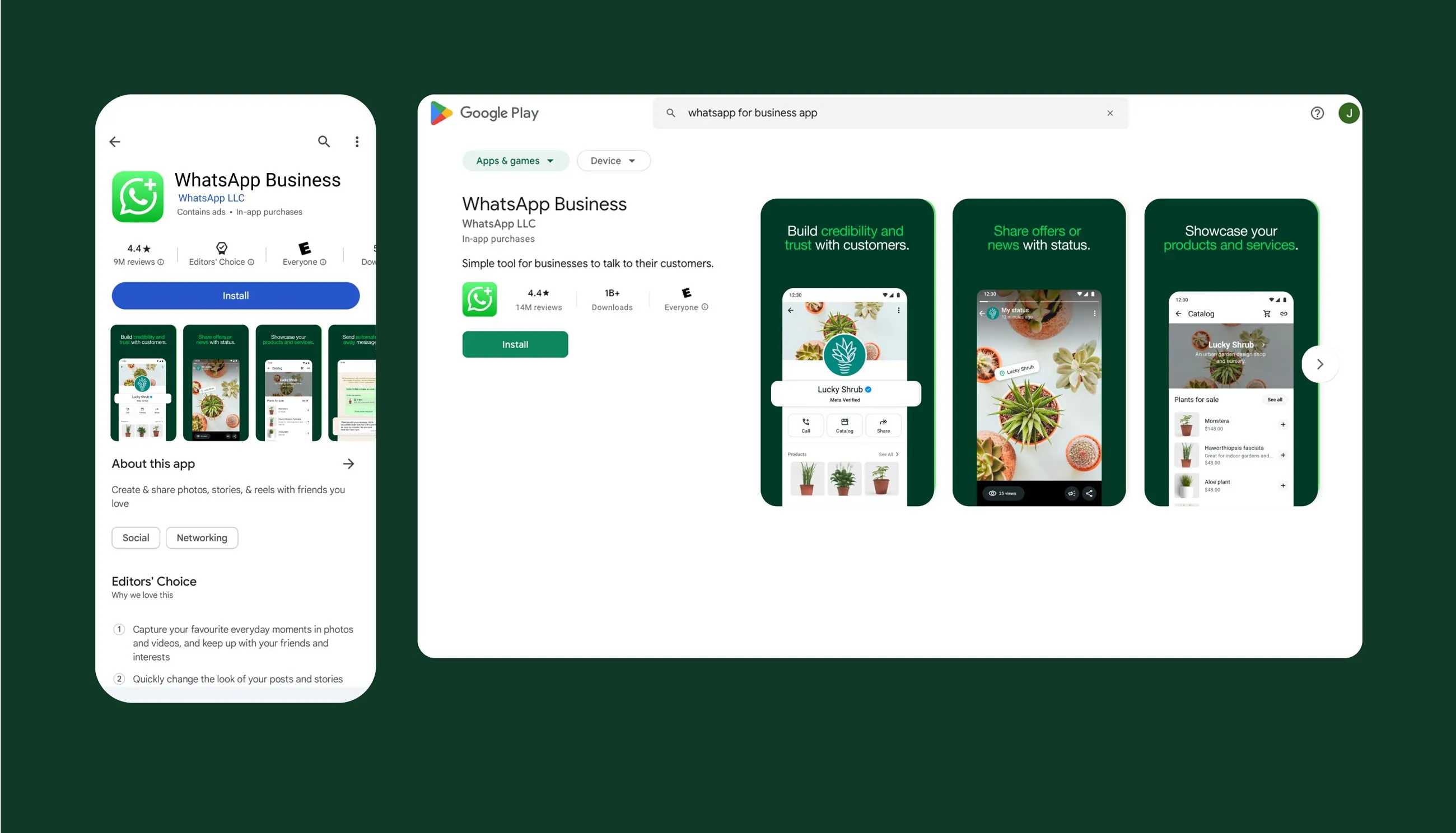 Contoh tangkapan layar perangkat sedang mengunduh aplikasi whatsapp business di google play store