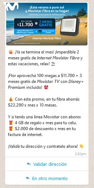 Appareil sur lequel est affiché un exemple de parcours clientèle Movistar via la messagerie Whatsapp