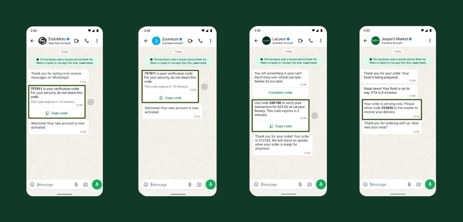 4 time based one time password TOTP examples of new account account recovery and order authentication via whatsapp business