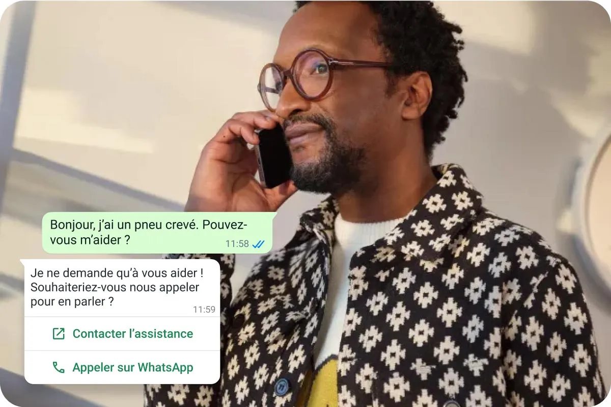 Un homme appelle l’assistance. Une capture d’écran montre les options d’appel et de messagerie.