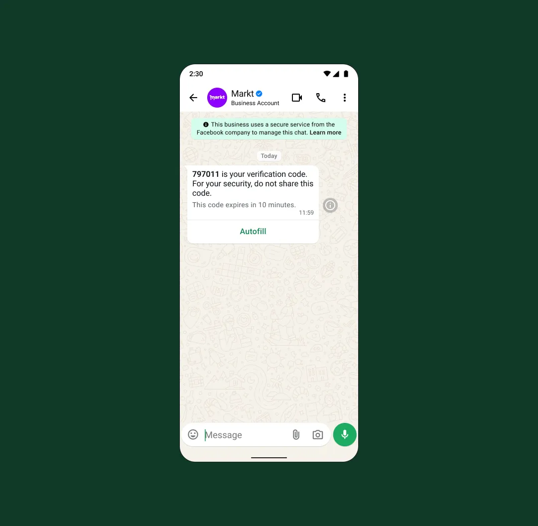 example of time based one time password TOTP authentication for security verification on whatsapp business app