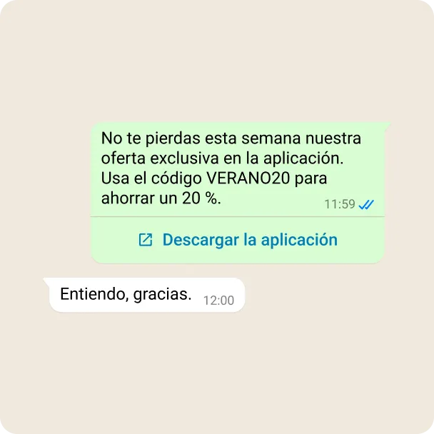 Demo de una empresa promocionando su aplicación con un descuento y un enlace