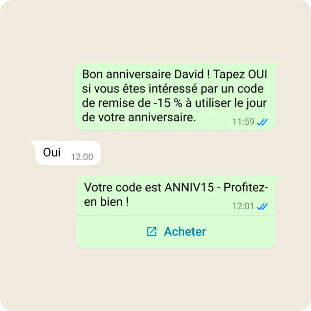 Capture d’écran présentant une discussion dans laquelle une entreprise tisse des liens avec une cliente en lui offrant un code de remise pour son anniversaire