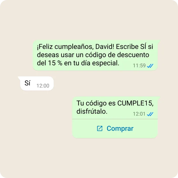 Demostración de una empresa entablando una relación con un cliente con un código de descuento de cumpleaños