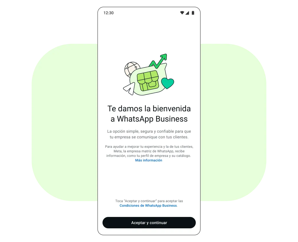 Pantalla de teléfono móvil que dice "Te damos la bienvenida a WhatsApp Business"