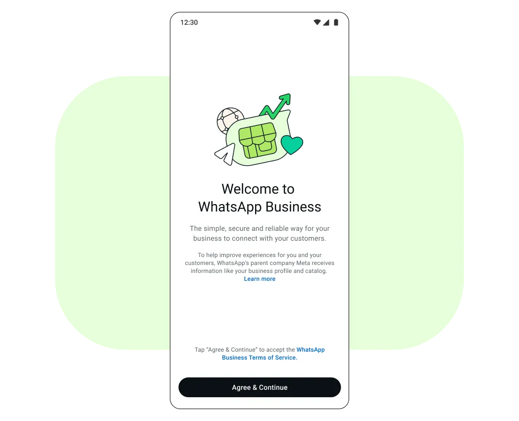 Cell phone screen that says "Welcome to WhatsApp Business"
