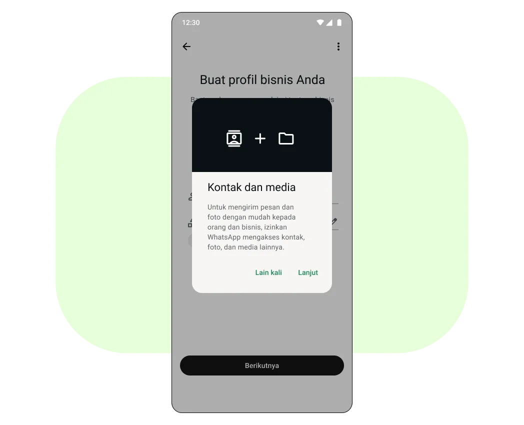 Ponsel menampilkan prompt yang meminta akses ke kontak dan media