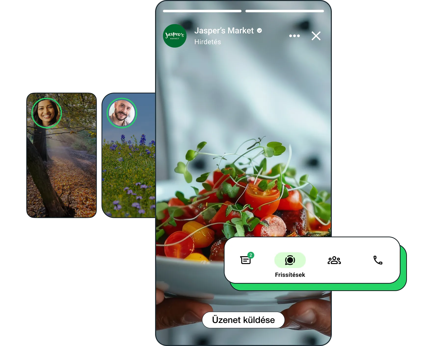 Az Állapot funkcióban megjelenített WhatsApp-hirdetéseket szemléltető kép