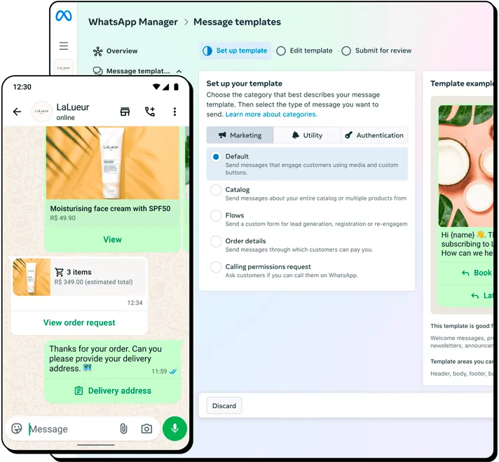 Mensajería de WhatsApp en el teléfono y plantillas de mensajes del administrador de WhatsApp